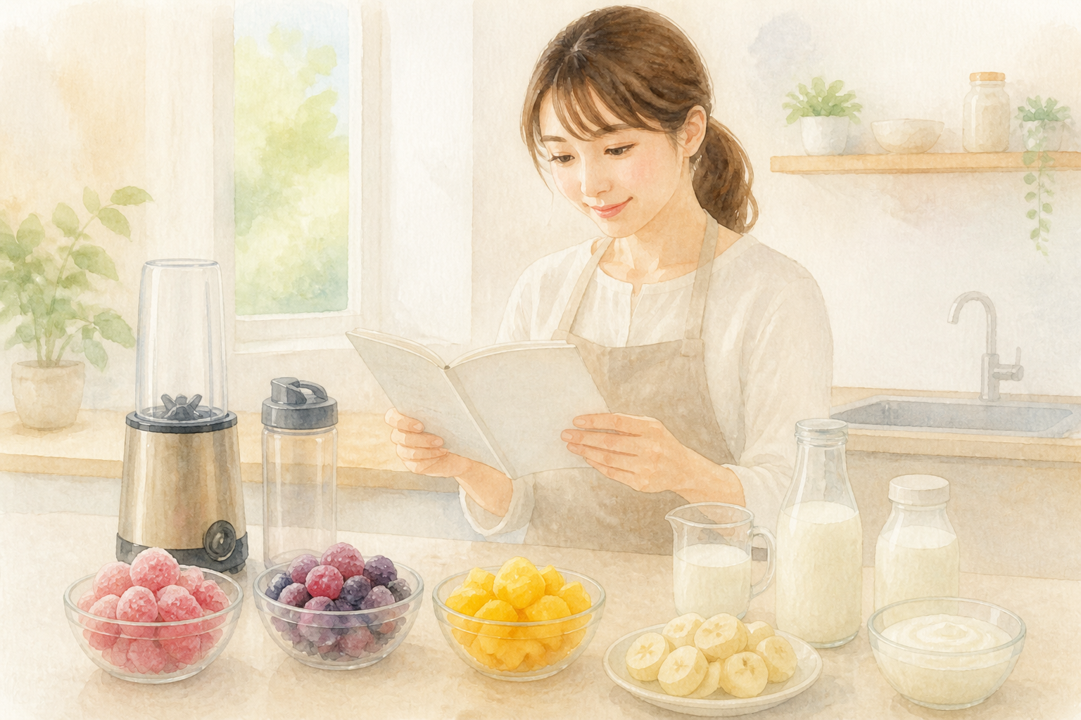 取扱説明書を確認しながらスムージーの準備をする様子