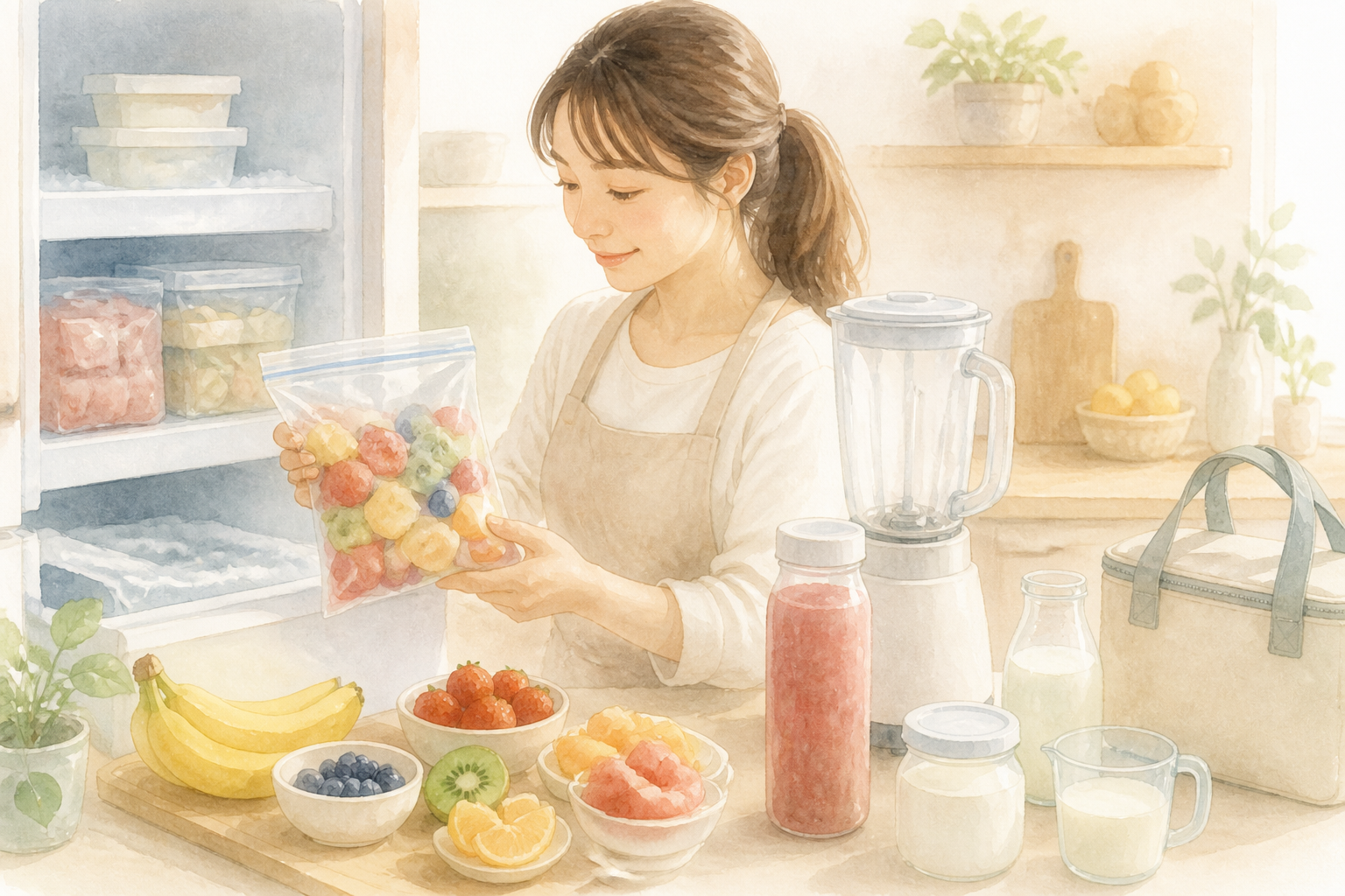 完成品保存と材料冷凍を並べて示す台所の様子