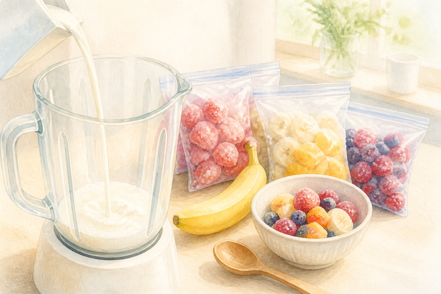 ミキサーに牛乳を先に入れる準備の様子