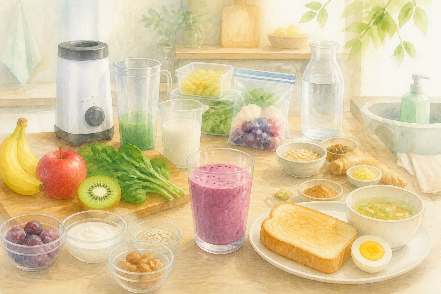 グラスに注がれたスムージーと朝食の組み合わせ