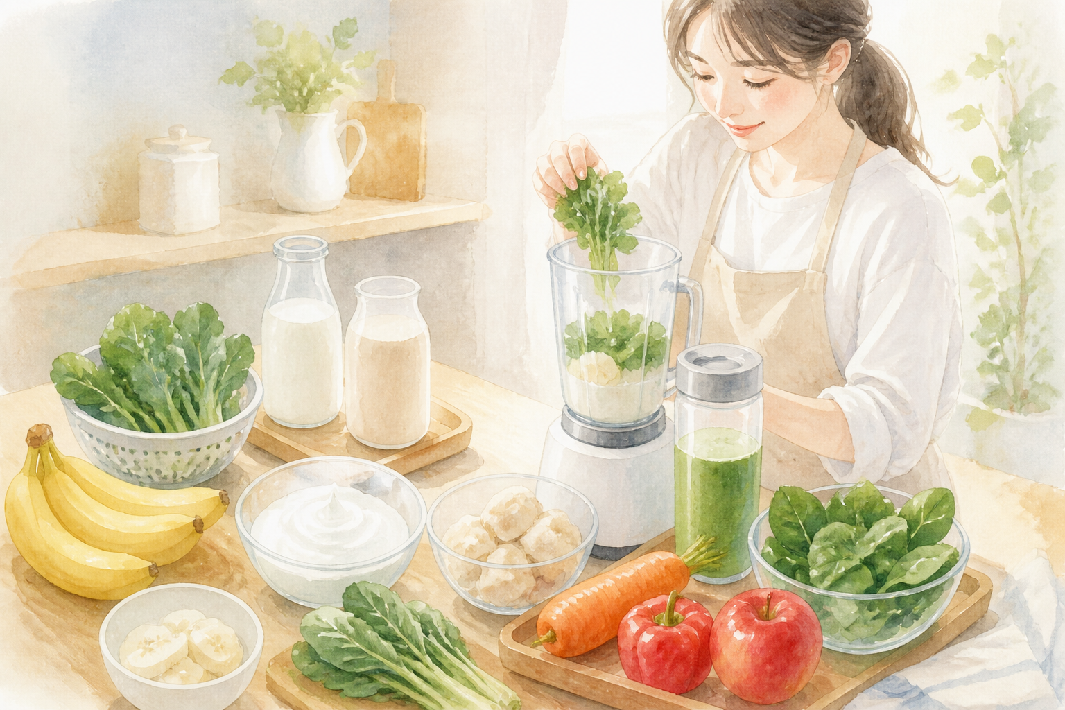小松菜とバナナを中心にした基本材料の並び