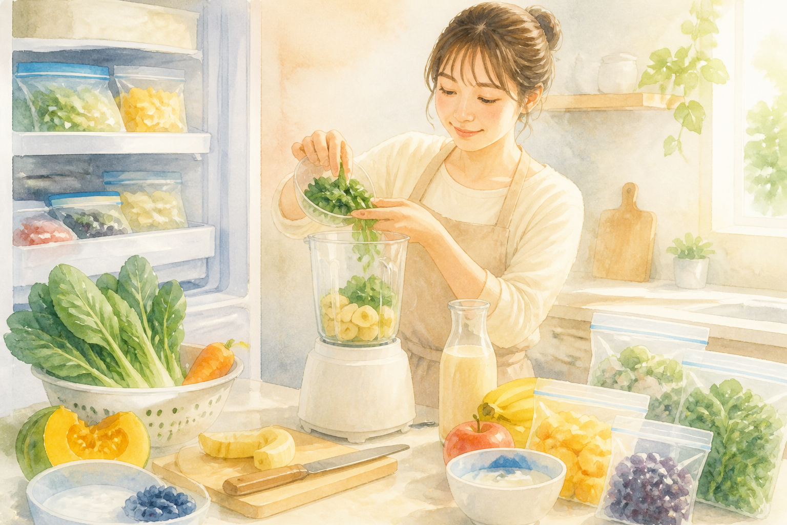 冷凍野菜と豆乳でスムージーを作る準備