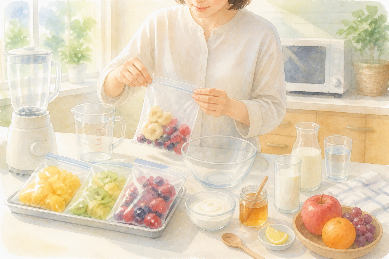 冷凍フルーツの保存とアレンジに使う道具と材料のセット