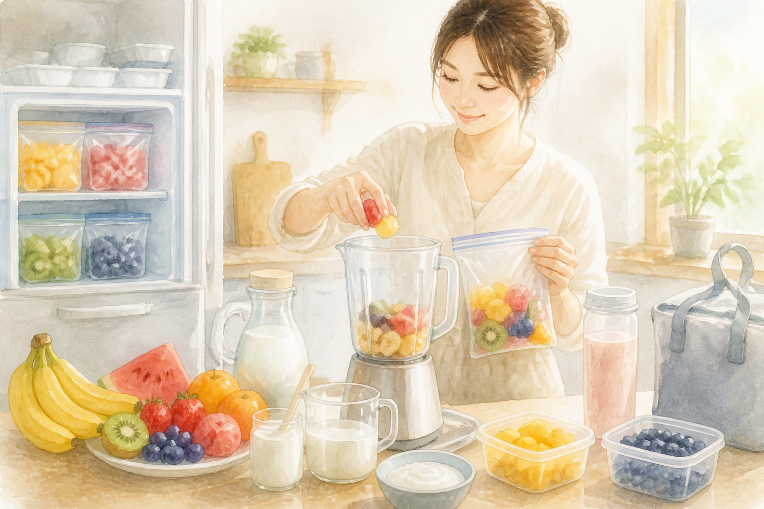 液体や材料を調整しながらスムージーを作る台所の様子