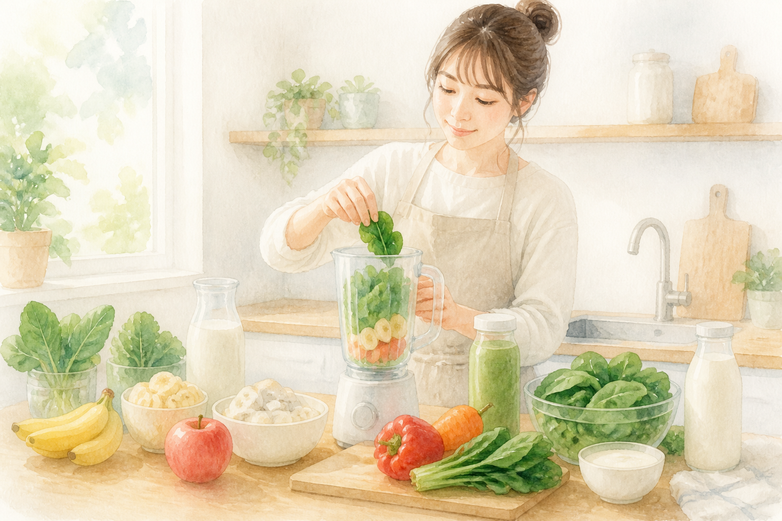 朝向きの材料を並べたスムージー準備