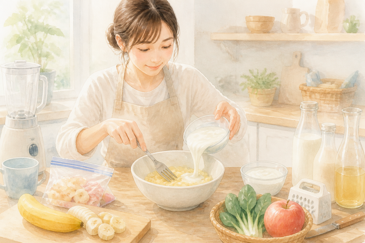 バナナをつぶしてとろみを整える手順