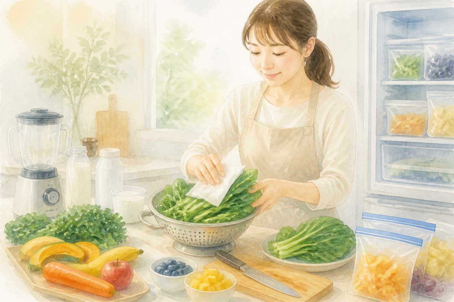 青菜の水気を切って冷凍準備をする手元