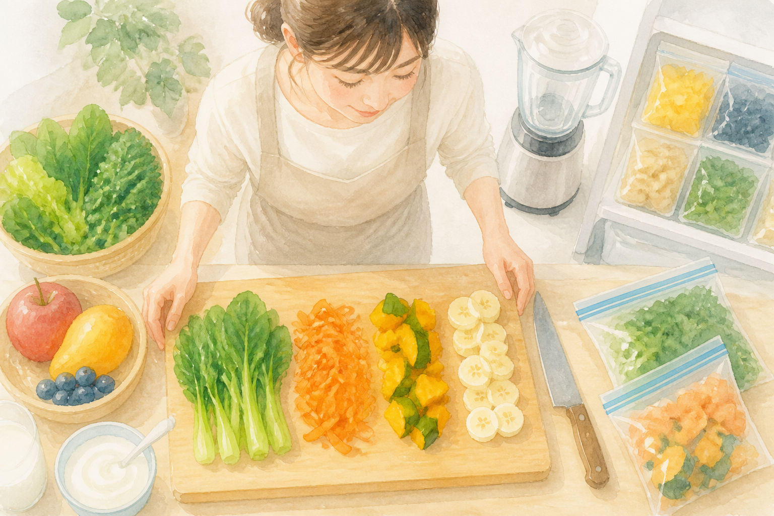冷凍に向く野菜や果物を並べて比べる様子