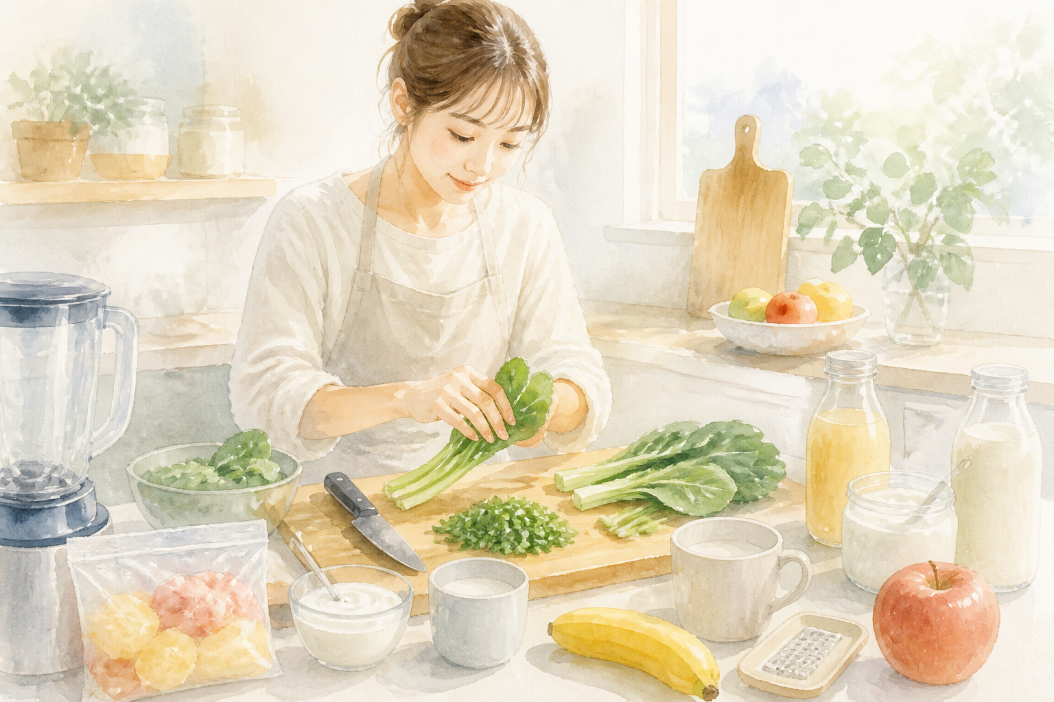 小松菜を洗って細かく刻む下準備