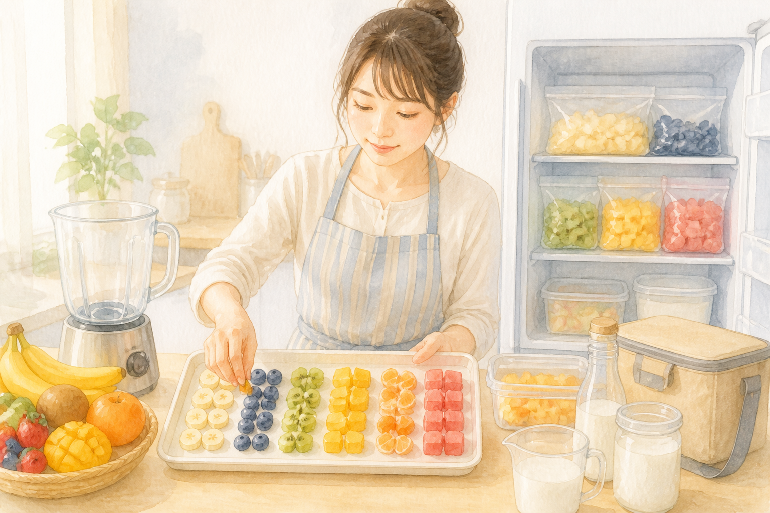 果物を切って重ならないように冷凍準備する様子