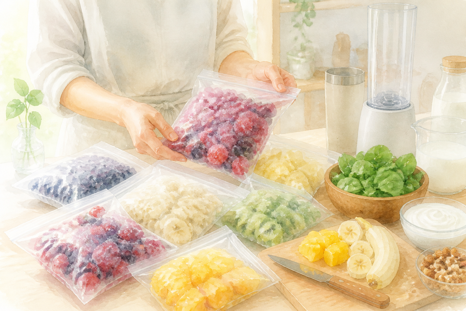 霜やカット具合をチェックするため並べられた冷凍フルーツパック