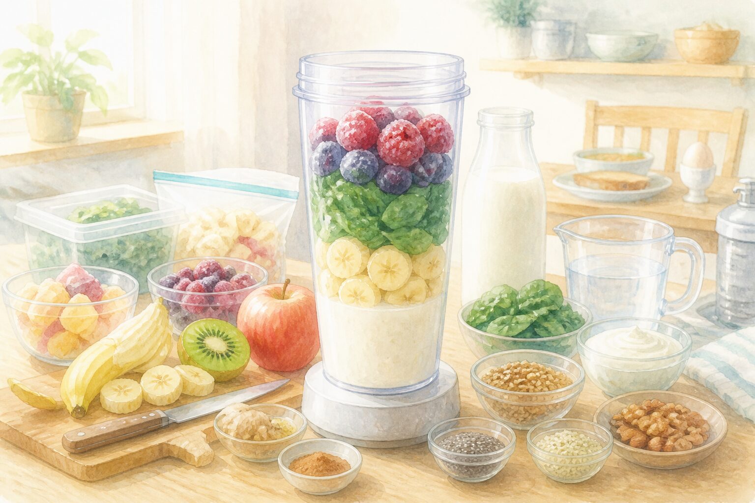 ミキサー容器に液体から重ねた食材の様子