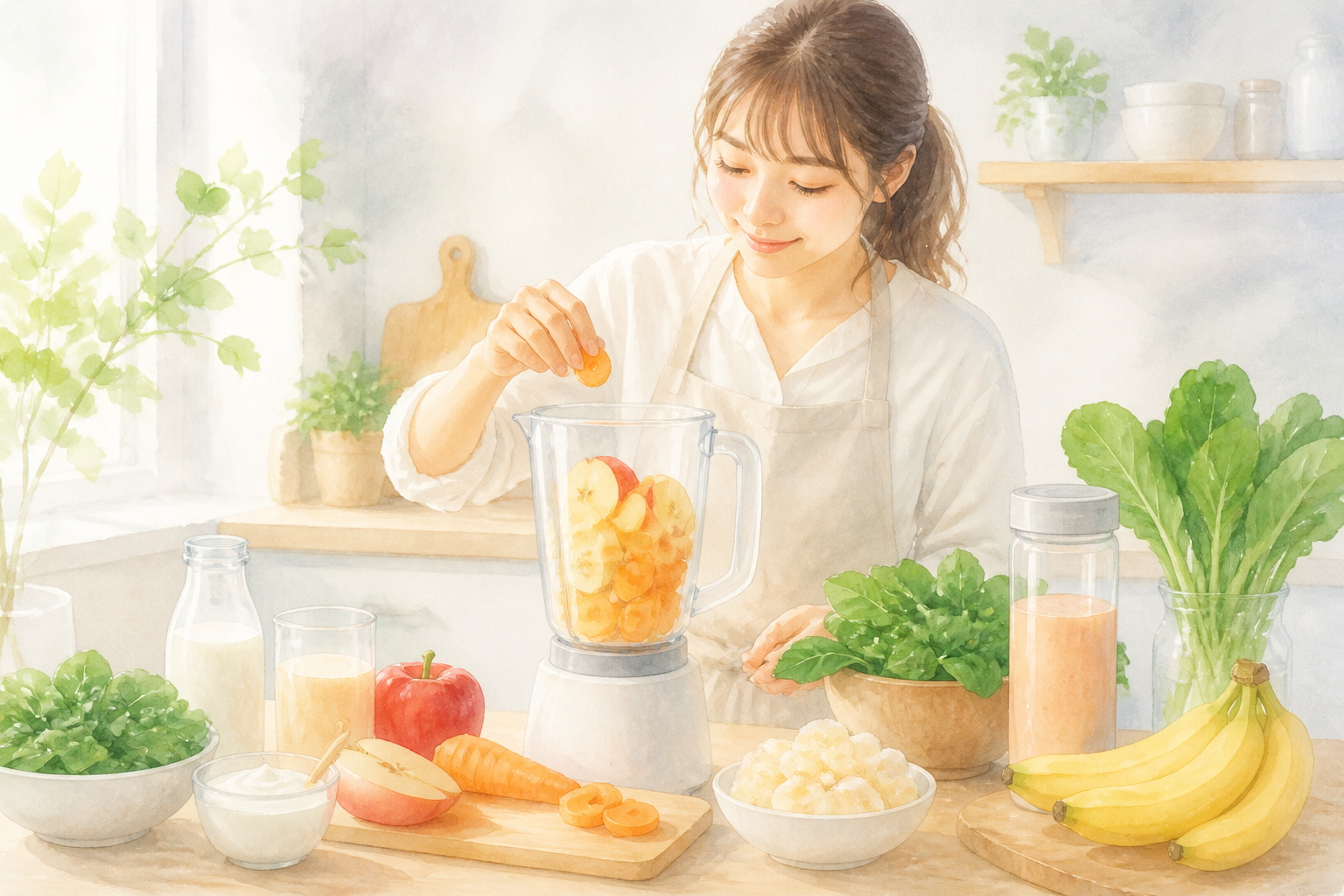 にんじんと果物を合わせる材料の場面