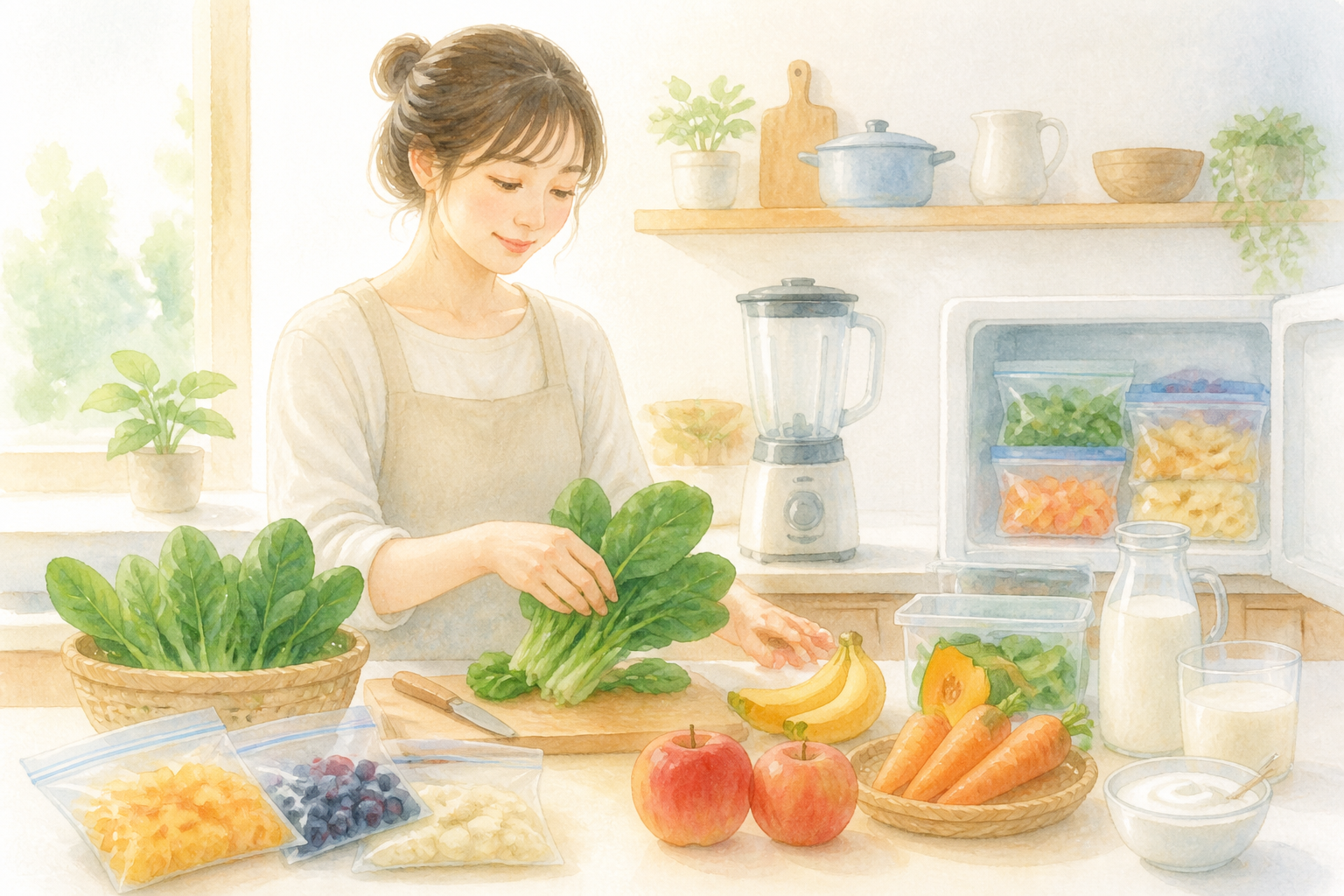 朝に合わせやすいスムージーの材料を並べた様子