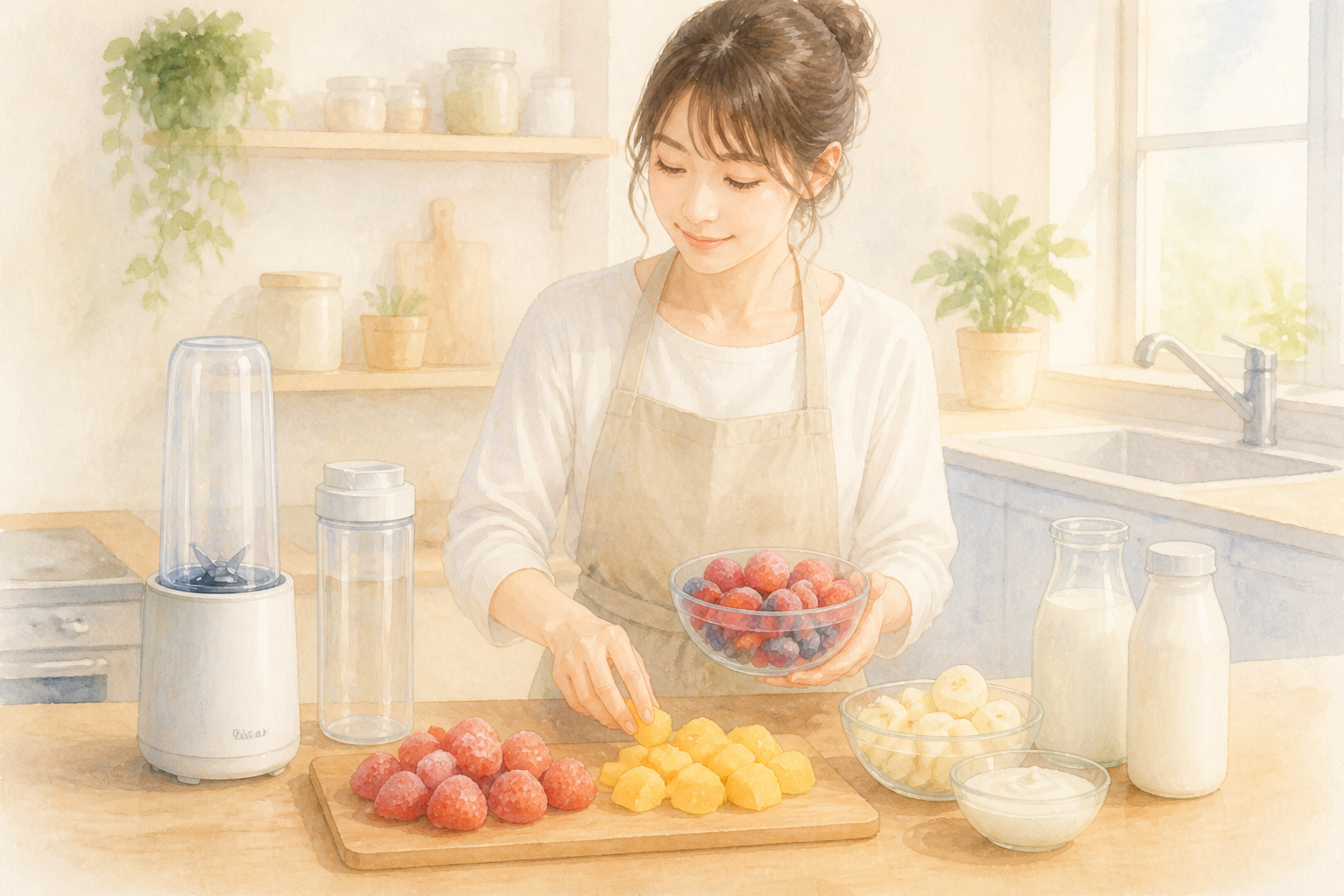 小さめにそろえた冷凍フルーツとミキサー