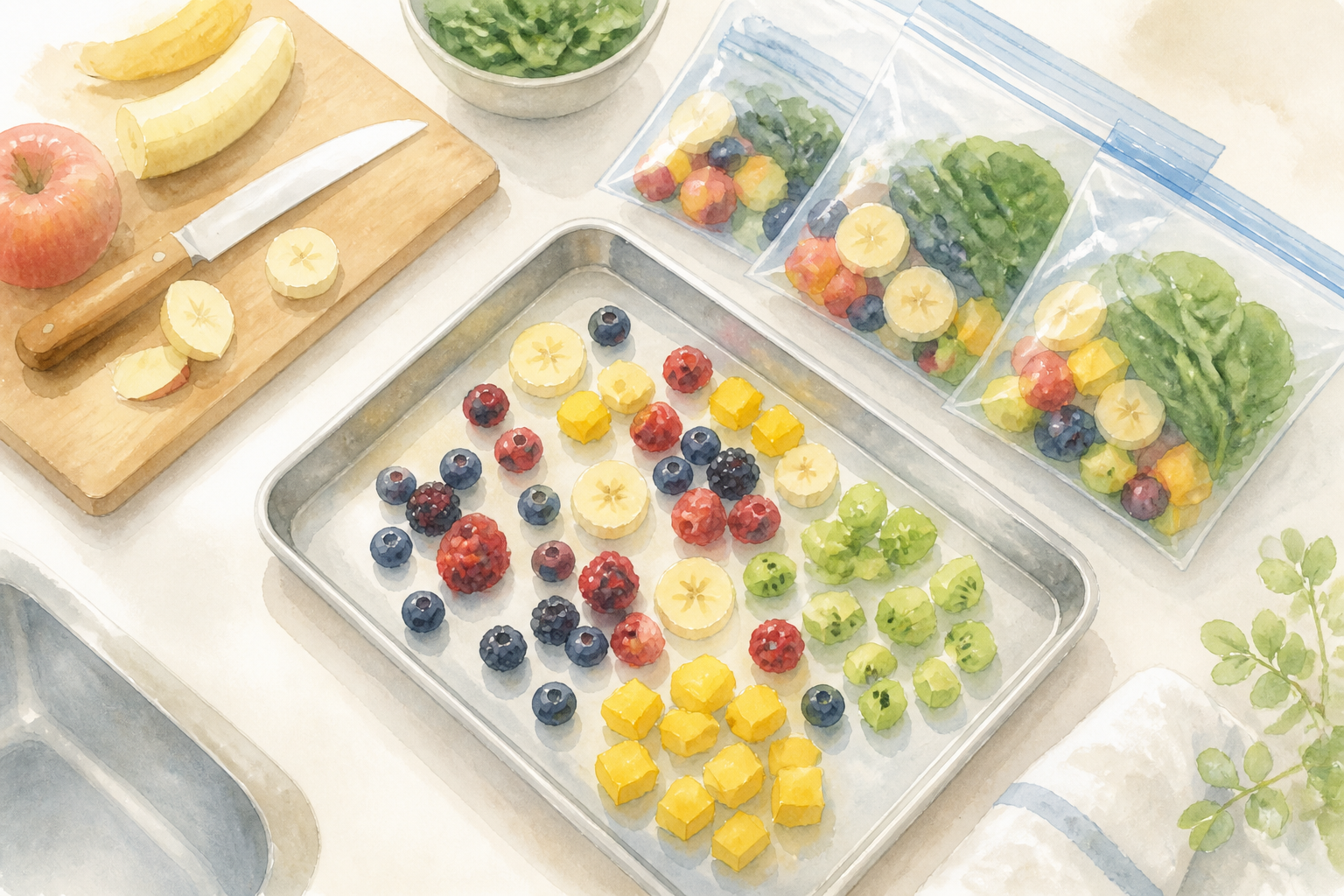 冷凍用トレイに並べた小分け果物の準備