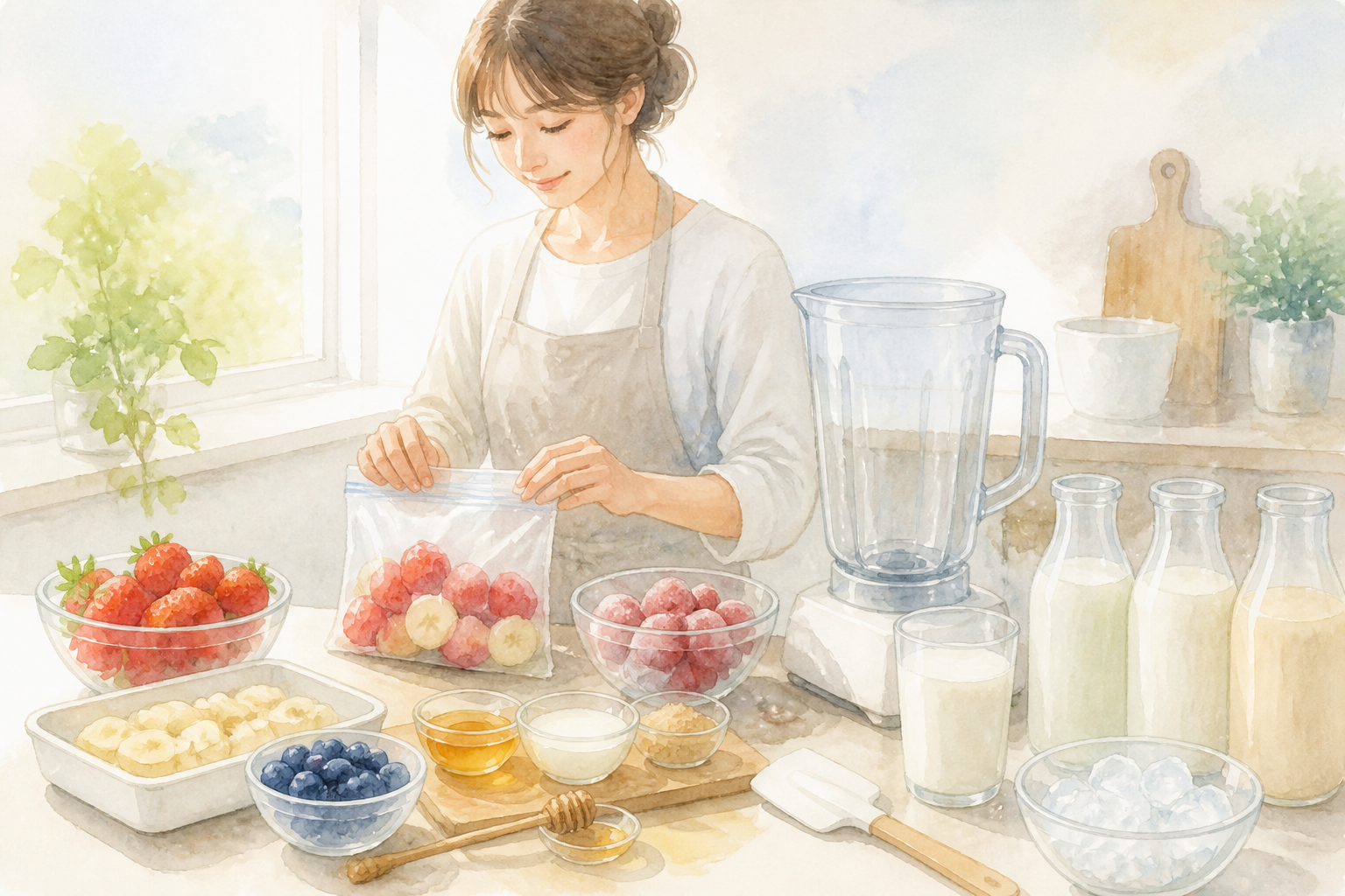 いちごスムージーの基本材料をそろえた手元