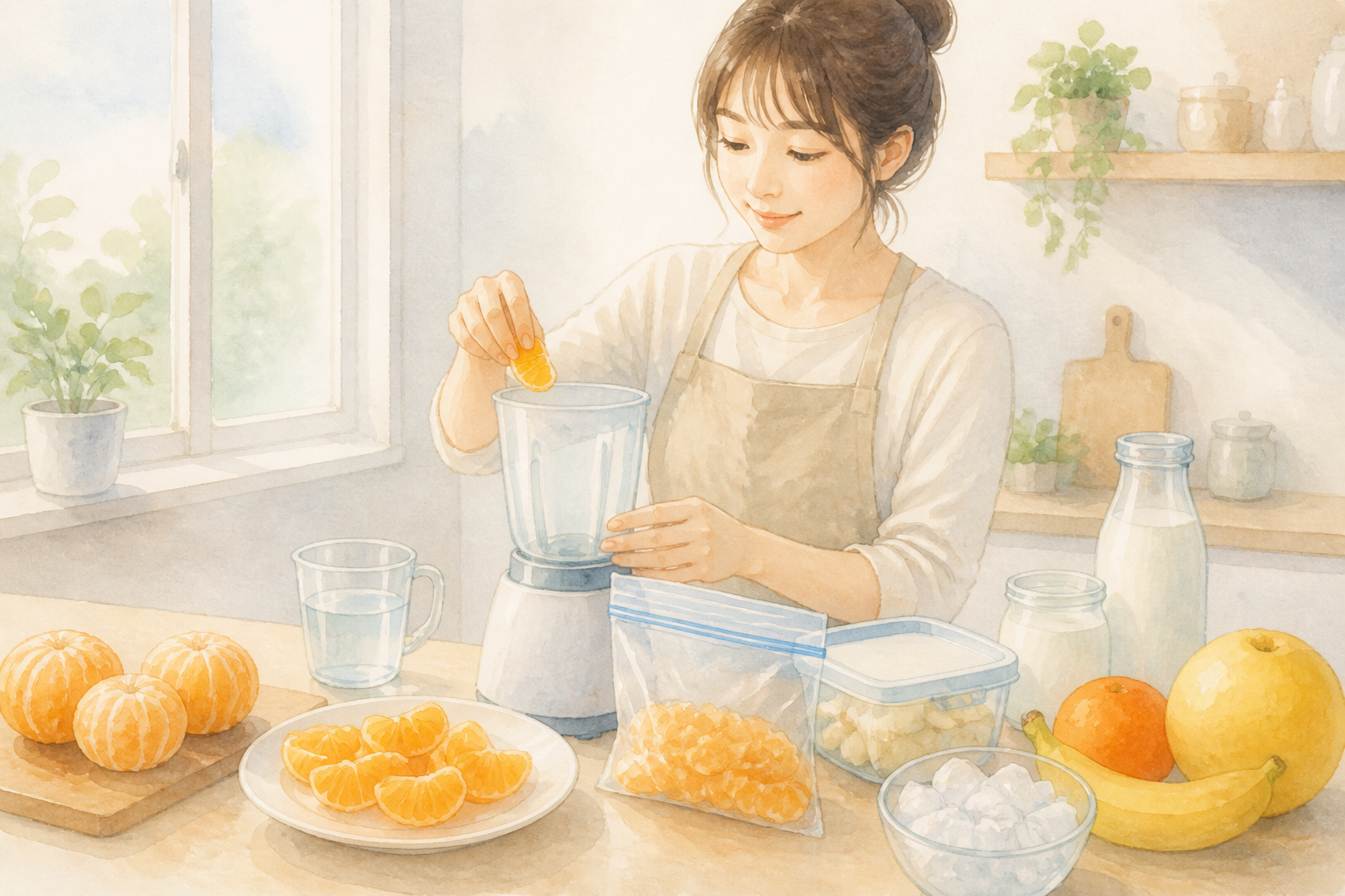 基本の材料をそろえたみかんスムージーの準備