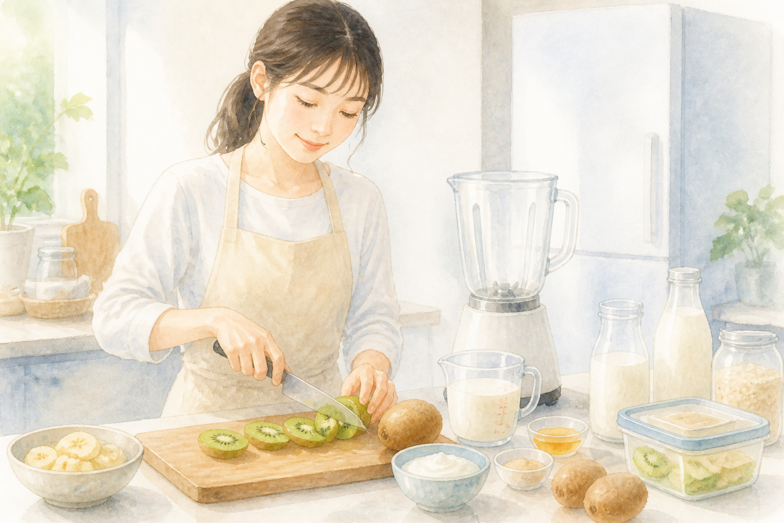 キウイと液体を用意して基本レシピを作る場面