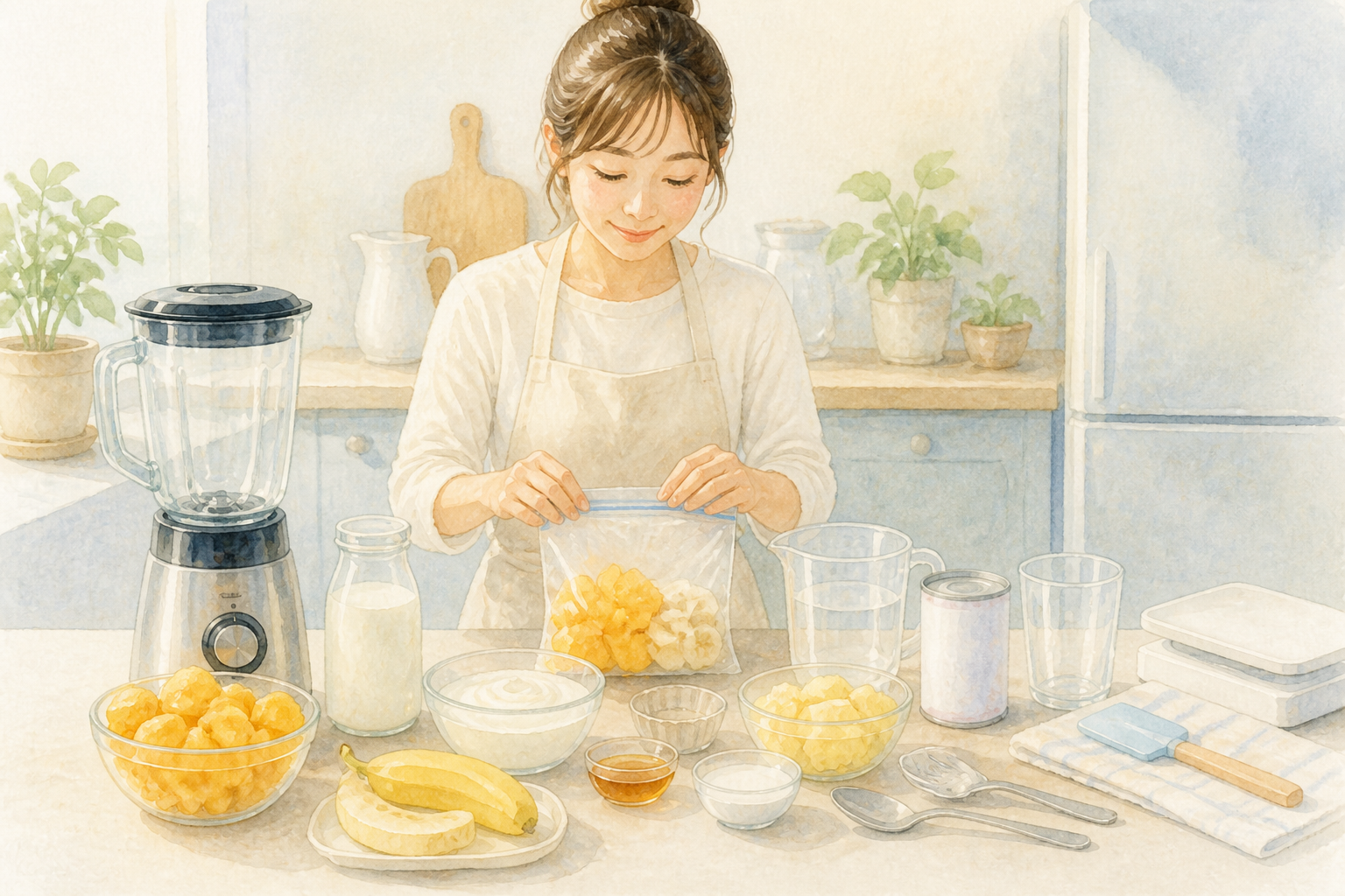 基本の材料をそろえたマンゴースムージー作り