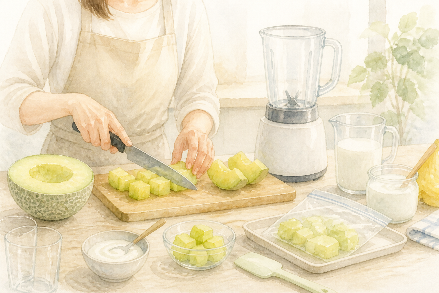 基本材料をそろえてメロンを切る準備