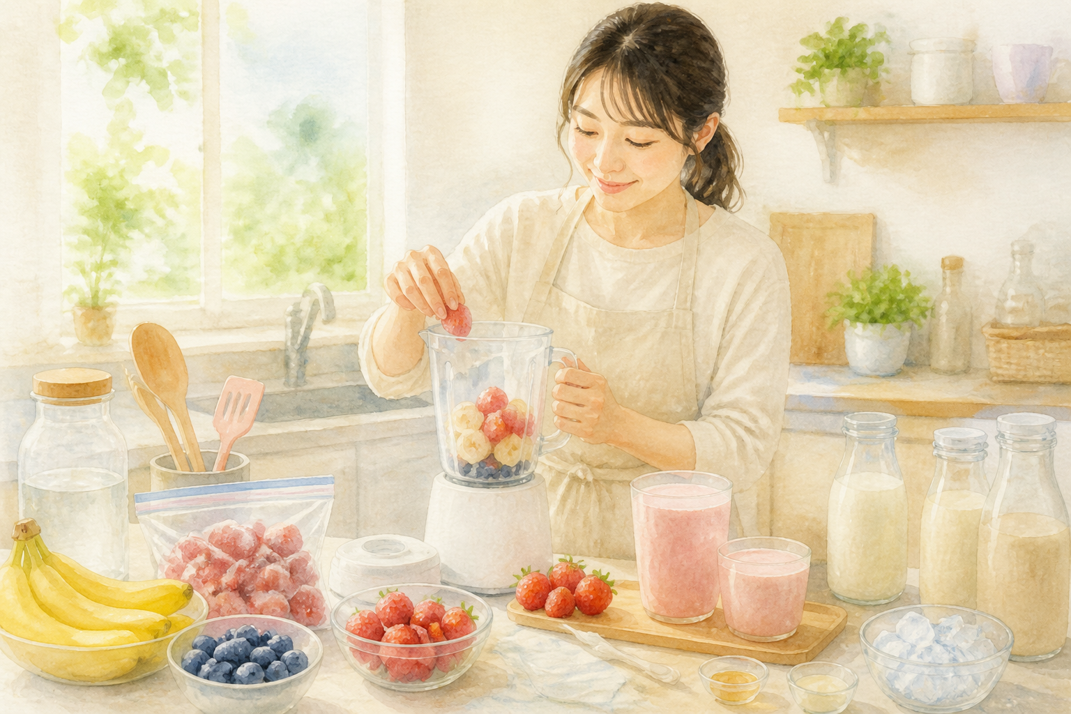 いちごスムージーのアレンジ材料が並ぶ食卓
