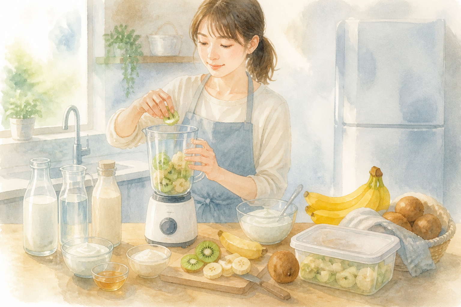 アレンジ素材と保存容器を並べた調理台