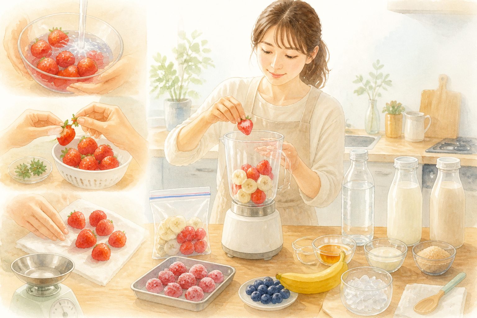 生いちごを洗ってミキサーに入れる手順