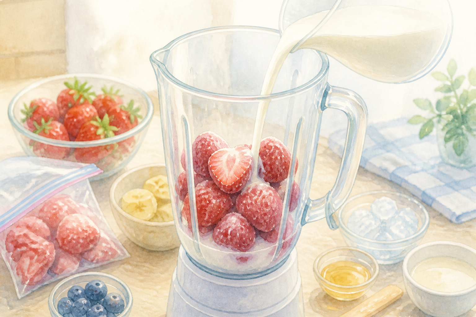 冷凍いちごに牛乳を少しずつ足す手元