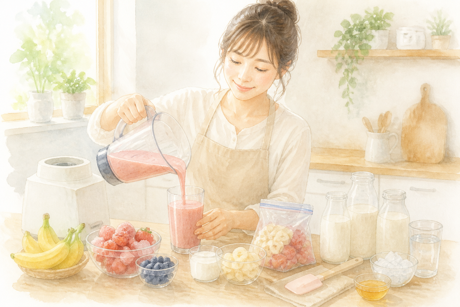 いちごとバナナのなめらかなスムージー