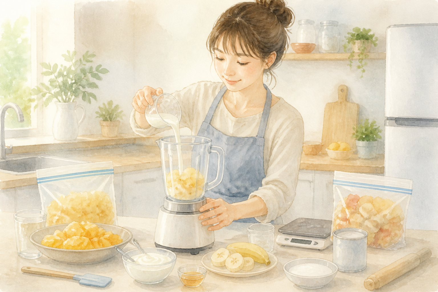 濃さを調整するマンゴースムージー作り